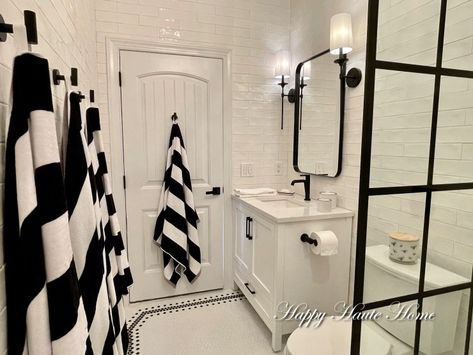 Timeless Black and White Pool House Bathroom Reveal - Happy Haute Home White Pool House, Poolhouse Bathrooms, Poolhouse Bathroom, Black And White Pool, Pool Bathroom Ideas, Pool And Pool House, Waterline Tile, Pool Bathrooms, Exterior Bathroom