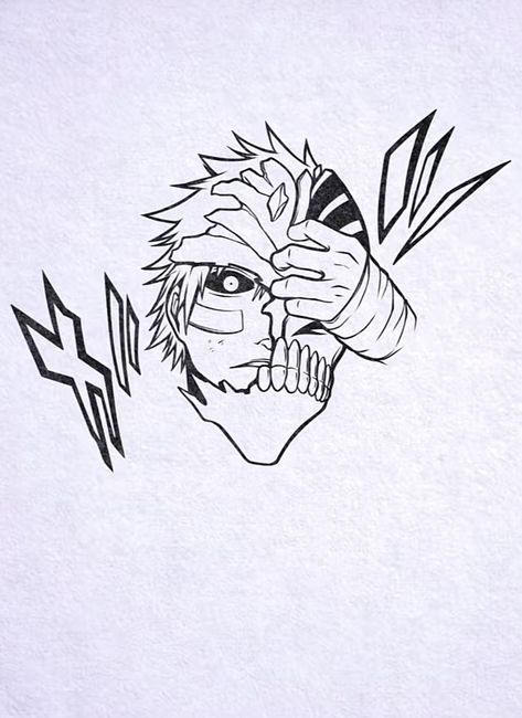 Ichigo Zanpakuto Tattoo, Anime Tattoos Stencil, Bleach Tatoos Ideas, Ichigo Mask Tattoo, Zangetsu Tattoo, Bleach Manga Tattoo, Ichigo Tattoo Ideas, Bleach Tattoo Design, Anime Patchwork Tattoo