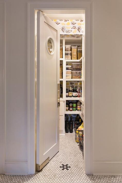 Kitchen Pantry with Swinging Door - Transitional - Kitchen Organisation, Swinging Butler Pantry Door, Swinging Pantry Door Walk In, Swinging Doors Kitchen Pantry Ideas, Pantry Swinging Door, Pantry Door Ideas Diy, Swinging Pantry Door, Swinging Doors Kitchen, Oyster Wallpaper