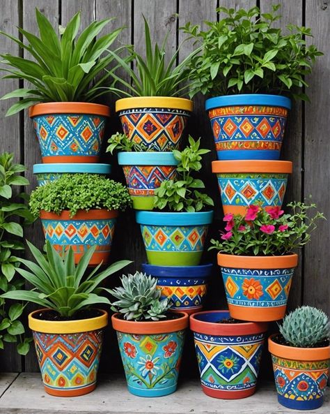 20 Boho Garden Ideas For a Magical Look – ToolzView Mexican Pots For Plants, Plant Pots Painting Ideas, Terracotta Pot Painting Ideas, Boho Garden Ideas, Talavera Decor, Hacienda Decor, Mexican Garden, Terra Cotta Pot Crafts Diy, Gardening Photography