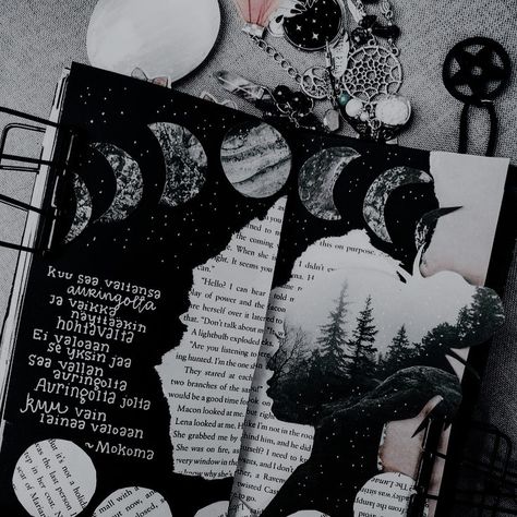 Moon Journal Aesthetic, Witchy Scrapbook Ideas, Journaling Aesthetic Dark, Moon Journal Ideas, Dark Journal Aesthetic, Dark Scrapbook, Moon Scrapbook, Space Journal, Diy Photo Book