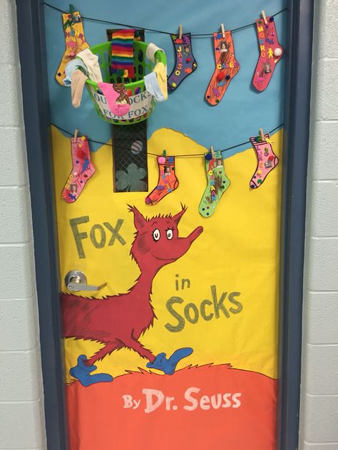 Fox In Socks Decorations, Fox In Socks Door Decoration, Fox In Socks Bulletin Board, Fox Craft Preschool, Dr Seuss Classroom Door Decorations, Dr Seuss Classroom Door, Reading Decor, Work Christmas Gifts, Preschool Door