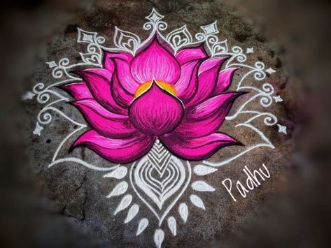 Lotus Rangoli Designs Diwali, Pongal Drawing Ideas, Lotus Rangoli Designs Latest, Lotus Design Rangoli, Lotus Kolam Rangoli Designs, Lotus Flower Rangoli Design, Lotus Rangoli With Dots, Lotus Rangoli For Diwali, Friday Rangoli Designs