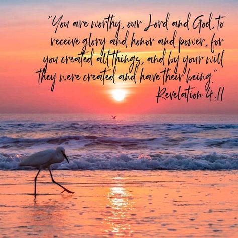 “You are worthy, our Lord and God, to receive glory and honor and power, for you created all things, and by your will they were created and have their being.” Revelation 4:11 Revelation Scriptures, Revelation 4 11, Revelation 4, You Are Worthy, Our Lord, Verses, Bible Verses, Spirituality, Bible