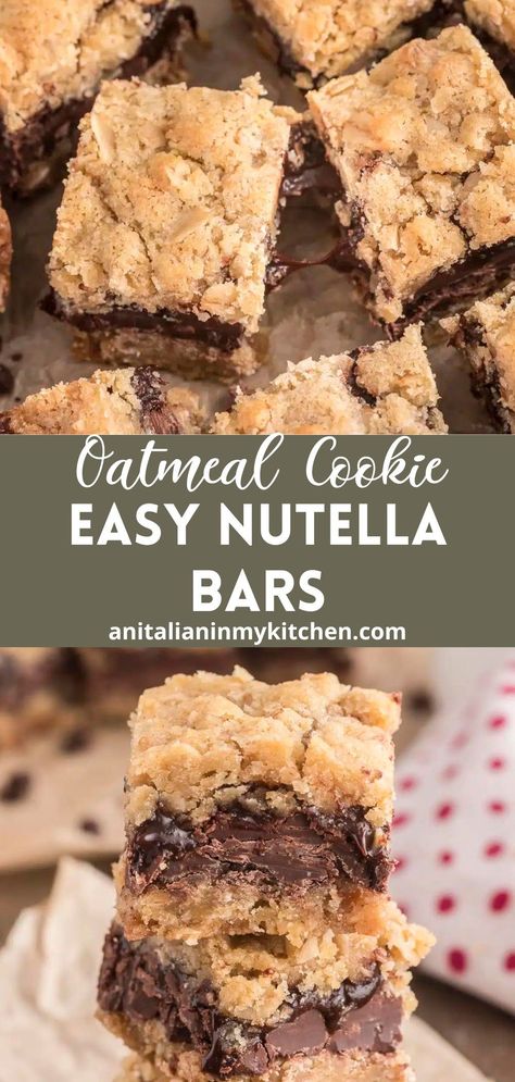 These Nutella bars are an easy dessert made with a chewy oatmeal cookie bar base, topped with Nutella and chocolate chips and then finished with a crumbly crust! It’s the ultimate cookie bar for those that love the beloved taste of hazelnut chocolate spread. Nutella Recipes No Bake, Nutella Bars, Chewy Oatmeal Cookie, Butterscotch Chip, Nutella Bar, Blondie Recipes, Nutella Chocolate Chip Cookies, Night Dessert, Chip Recipes