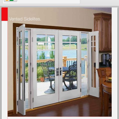 Patio doors with small opening side windows-too big for the existing opening, but cool idea French Doors With Sidelights, Exterior Patio Doors, French Doors With Screens, Hinged Patio Doors, Porte In Ferro, Glass Doors Patio, Balcony Doors, French Doors Exterior, French Doors Patio