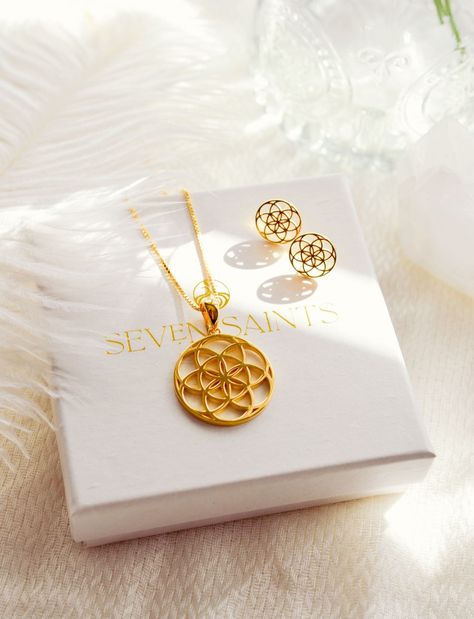 Seed of Life Jewellery Set Necklace Earrings Sacred Geometry Symbol Spiritual Meditation Yoga Inspired Ancient Cultures Divine Feminine Fashion Gold The Seed Of Life, Symbol Of Creation, Sacred Jewelry, Sacred Geometry Symbols, Spiritual Necklace, Recycled Gifts, Seed Of Life, Cycle Of Life, Spiritual Protection