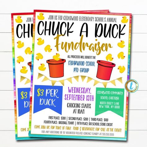 Chuck a Duck Fundraiser Flyer, Duck Throwing Contest Flyer, School Pto Pta Church Charity Fundraiser, Duck Derby Race Flyer, DIY EDITABLE - Etsy Cash Cow Fundraiser, Rubber Duck Fundraiser, Fun Run Fundraiser, Fundraiser Party Themes, Games For Fundraising Events, Student Council Fundraisers, Chuck A Duck Fundraiser, Preschool Fundraising Ideas, Softball Fundraiser Ideas