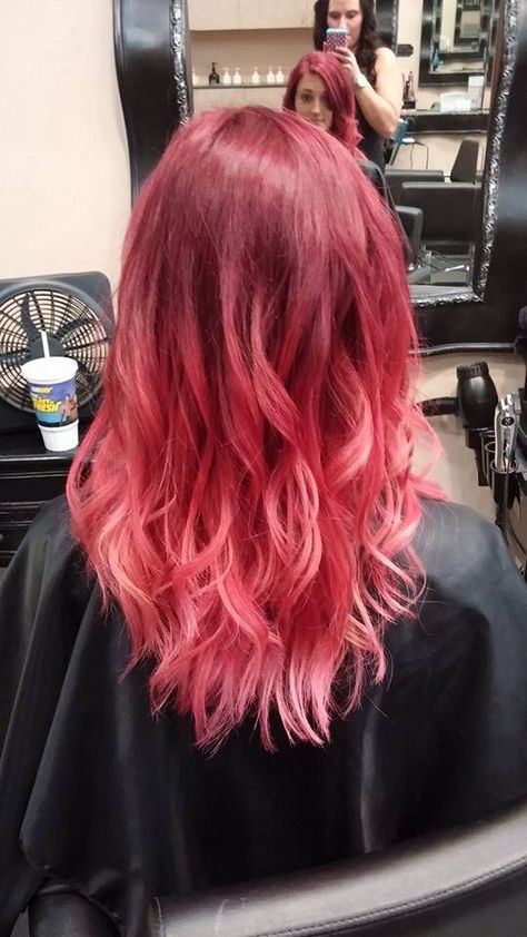 Pink And Red Hair Highlights, Dark Red To Pink Ombre Hair, Red To Pink Ombre Hair Short, Red To Pink Balayage, Pink Hair With Red Tips, Gradient Red Hair, Red And Pink Ombre Hair, Red Pink Ombre Hair, Red To Pink Hair