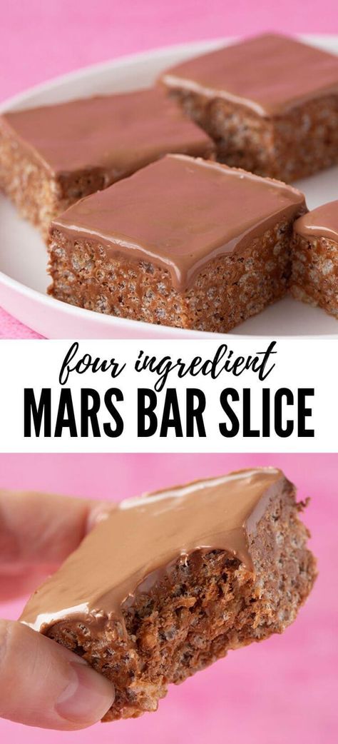 Learn how to make Mars Bar Slice from scratch. You only need 4 ingredients for this simple no bake slice, made with chocolate Mars Bars and crunchy Rice Krispies. Recipe from sweetestmenu.com #slice #chocolate #marsbar Mars Bar Squares, Milky Bar Chocolate, No Bake Slice, Chocolate Mars, Mars Bar Slice, Crunchy Rice, Mars Bars, Rice Krispies Recipe, No Bake Slices