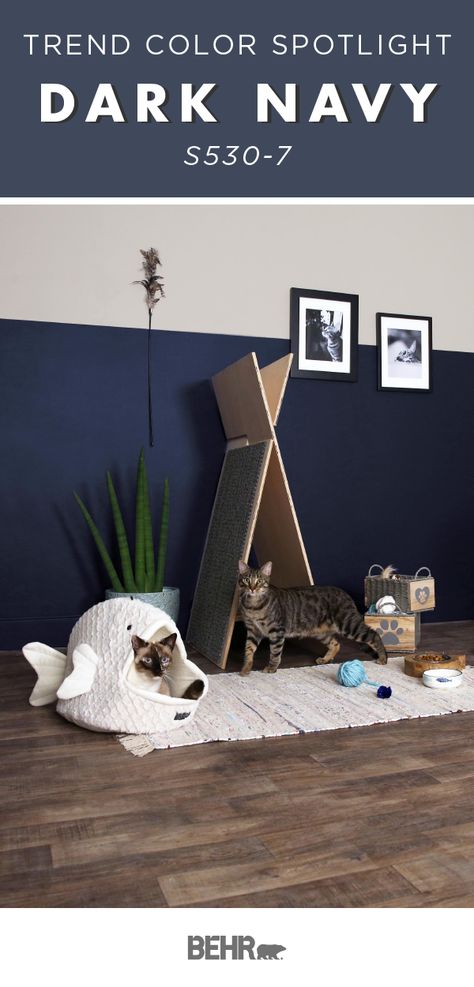 If you’re thinking about taking on a DIY home makeover project in the new year, why not turn to Behr Paint in Dark Navy for inspiration? This bold blue hue looks beautiful in this modern living room. Pair it with neutral gray hues and wood accents to create this look in your own home. Click below to learn more. Color Spotlight, Behr Colors, Color Of The Month, Ombre Wall, Beauty Makeover, Behr Paint, Diy Headboard, Beauty Diy, Blue Rooms