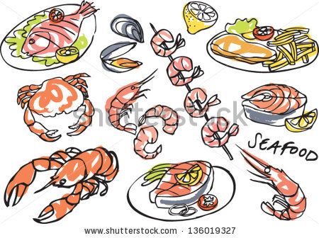 Vector seafood drawing set - stock vector Seafood Drawing Easy, Seafood Drawing, Cookbook Illustration, Seafood Plates, Plate Drawing, Seafood Bisque, Sketch Practice, Watercolor Food, Drawing Set