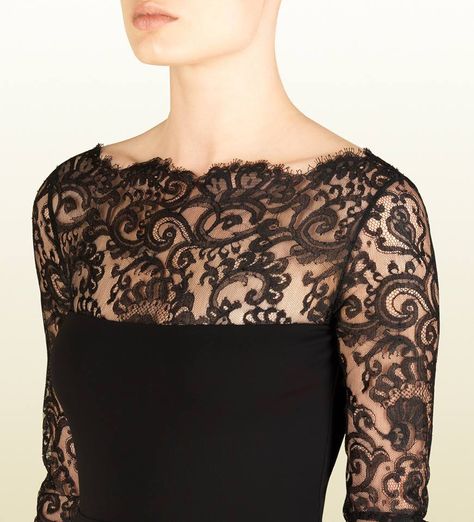 Evening dress features Chantilly lace on the chest and sleeves. From Gucci, gucci.com. Lace Neckline Dress, Lacy Black Dress, French Lace Dress, Black Lace Gown, Wrap Shirt Dress, Lace Dress Design, Lace Top Dress, Long Gowns, Gucci Dress