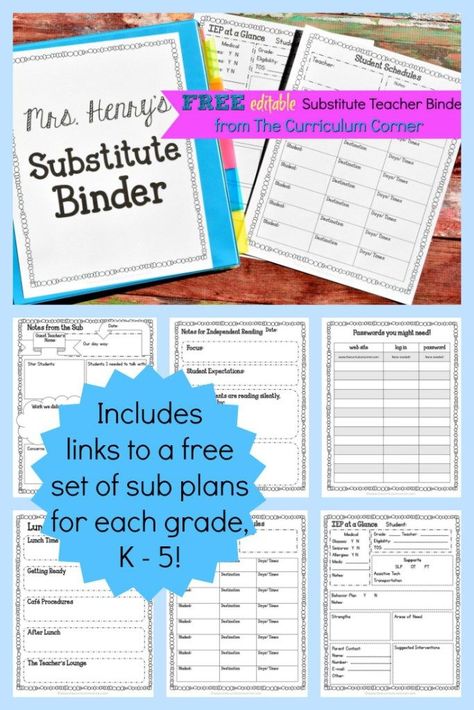 TEACHERS!!!! FREE Editable Sub Binder + FREE Sub Plans for K - 5! The Curriculum Corner Free Substitute Binder Printables, Substitute Teacher Forms Free Printable, Sub Folders For Teachers, Paraprofessional Binder Free, Sub Teacher Ideas, Substitute Teacher Forms, Teacher Binder Printables Free, Substitute Teacher Binder, Substitute Folder