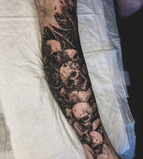 Tattoo Sleeve Women Skull, Memento Mori Tattoo Sleeve, Alt Forearm Tattoos, Skull On Shoulder Tattoo, Dark Art Tattoo Ideas Sleeve, Graveyard Sleeve Tattoo, Sleeve To Hand Tattoo, Goth Half Sleeve Tattoo, Gothic Male Tattoos