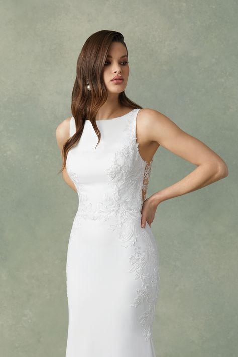 Justin Alexander - Style 88295: Crepe Fit and Flare Dress with Sabrina Neckline and Illusion Back Flare Gown Styles, Boat Neck Wedding Dress, Convertible Wedding Dresses, Sabrina Neckline, Ginny Dress, Justin Alexander Wedding Dress, Aline Wedding Dress, Wedding Dress With Pockets, Flare Gown