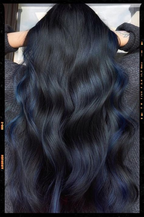 Jet Black with Dark Blue Tint Jet Black Blue Hair Color, Jet Black With Blue Tint, Hair Color Navy Blue, Black Hair With Dark Blue Money Piece, Hair Color Ideas Blue Black, Hair Colors For Black Hair No Bleach, Black Indigo Hair, Near Black Hair Color, Midnight Blue Hair No Bleach