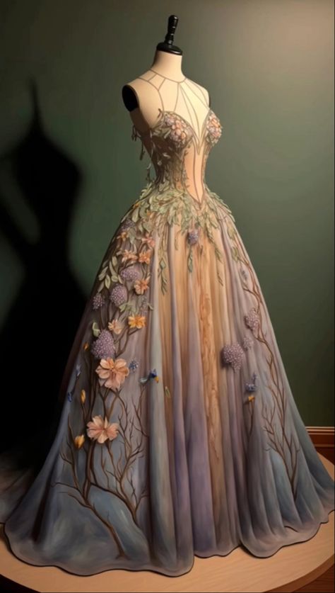 Nature Dress Aesthetic, Acotar Ball Gowns, Acotar Inspired Dresses, Spring Ball Dress, Acotar Clothing, Acotar Night Court Fashion, Spring Court Dress, Acotar Dresses, Acotar Outfits