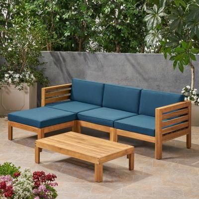 Cambridge Teak Brown 5-Piece Acacia Wood Patio Conversation Sectional Seating Set with Dark Teal Cushions Conversation Sectional, Sectional Coffee Table, Wooden Couch, Teal Cushions, Wooden Sofa Set Designs, Table Making, Wooden Sofa Designs, Teak Sofa, Sectional Seating