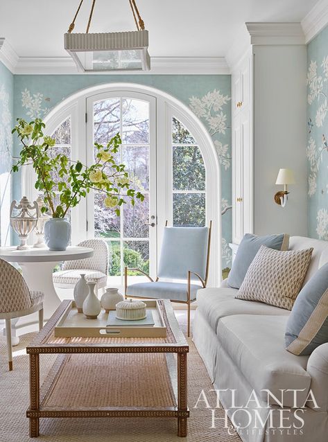 Establish Design, Blue Velvet Accent Chair, French Inspired Home, Modern Victorian, Enchanted Home, Atlanta Homes, Transitional Living Rooms, Curved Sofa, Formal Living Rooms