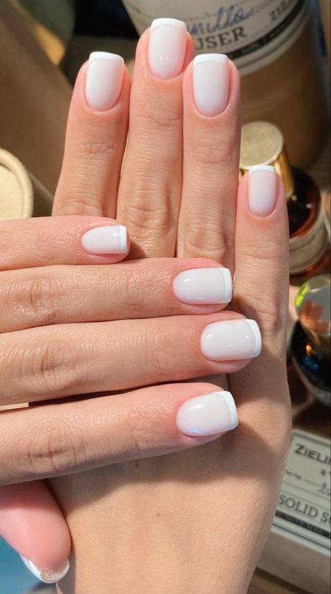 White Nails And French Tip, White Nail With French Tip, Off White French Manicure, Classic French Nails Short, French No Chip Manicure, Short French White Nails, French Manicure Square Nails Short, Opaque French Nails, Natural White French Tip Nails