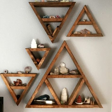 Triangle Shelf, Decor Plants, Crystal Shelves, Crystal Wall, Meditation Space, Shelf Design, Cheap Decor, Wooden Shelves, Cheap Home Decor