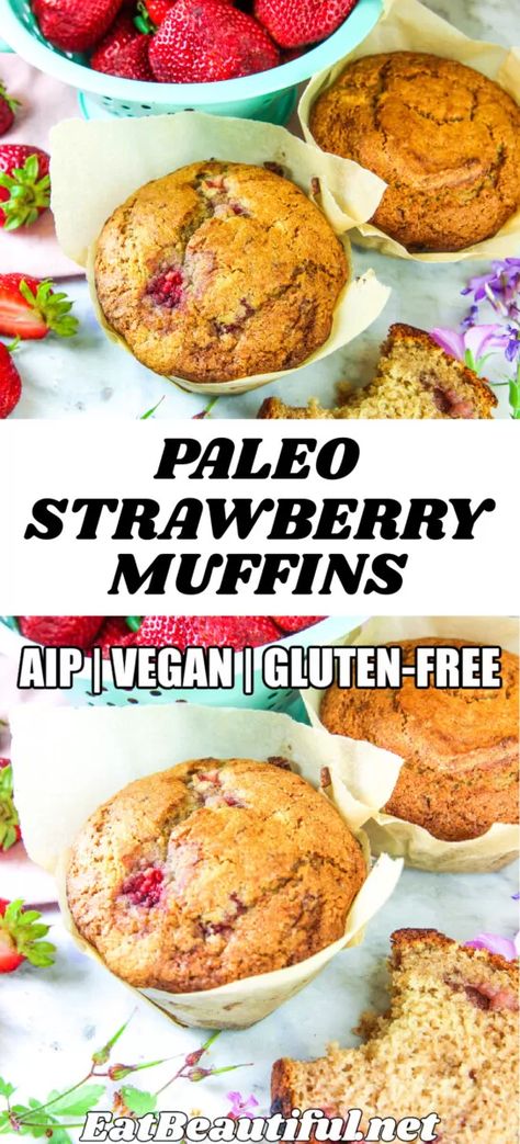 Paleo Strawberry Muffins are grain-free and easily made AIP and Vegan, too! Fluffy in the middle and dome-topped, these Gluten-free muffins are great year round. Use fresh or frozen strawberries. | Eat Beautiful Recipes | paleo | aip | gluten free | vegan | strawberry muffins | grain free | nut free | egg free | cassava flour recipes || #paleo #strawberry #muffins #aip #glutenfree #vegan #cassavaflour Aip Blueberry Muffins, Aip Strawberry Recipes, Vegan Aip Recipes, Aip Muffins, Paleo Strawberry Muffins, Aip Recipes Autoimmune Protocol, Vegan Strawberry Muffins, Aip Sweets, Paleo Muffin Recipes