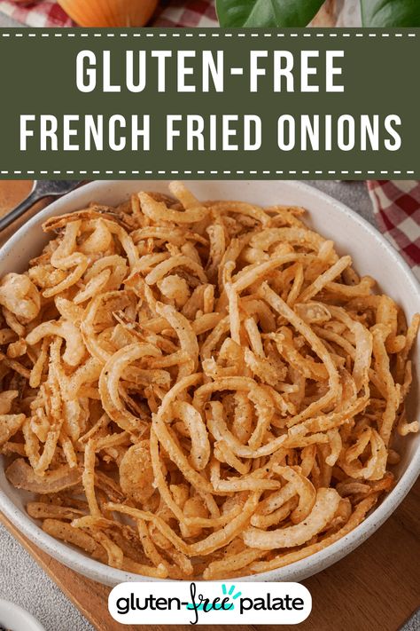 Elevate your cooking game with this irresistibly crispy, Gluten-Free French Fried Onions! Perfectly crispy and incredibly easy to make. With just a handful of ingredients, these onions are ideal for sprucing up your favorite dishes. Gluten Free French Fried Onions, Fried Onion Strings, French Fried Onion Recipes, Fried Onions Recipe, Onion Strings, French Fried Onions, Free In French, Crispy Onions, Onion Recipes