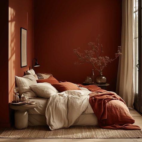 6+ Inspiring Color Schemes for a Beautiful House Interior • 333+ Images • [ArtFacade] Bedroom Red Walls Ideas, Red Guest Room, Rust Pink Bedroom, Dusty Red Bedroom, Raspberry Bedroom Walls, Dark Orange Painted Walls, Maroon Bedroom Walls, Rust Red Bedroom, Brown Red Bedroom