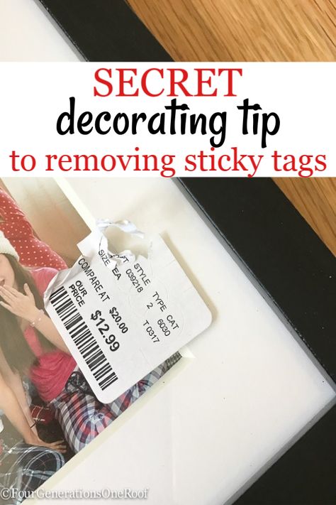 How to remove sticky label Fast! The secret to removing sticky labels from picture frames and dishes. No more sticky residue when trying to remove the sticky tags. Remove sticky label residue in seconds with this designer pro tip. #stickytag #howtoremovestickylabels #stickylabels #howtoremovestickyresidue #howtoremovestickytaperesidue  via @4gens1roof How To Remove Sticky Labels, Removing Sticky Labels, Picture Wall Gallery, Get Stickers Off, Remove Sticky Labels, Family Picture Wall, Remove Sticker Residue, Remove Sticky Residue, Fun Family Pictures