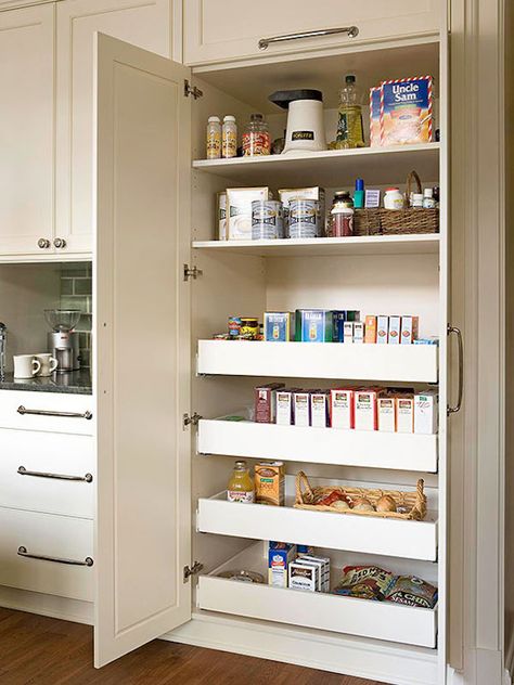 Slide Out Kitchen Pantry Drawers: Inspiration - The Inspired Room Tall Kitchen Pantry Cabinet, Modern Farmhouse Kitchen Cabinets, Open Pantry, House Additions, Cheap Kitchen Remodel, Kitchen Facelift, Pantry Drawers, Built In Pantry, Organized Pantry