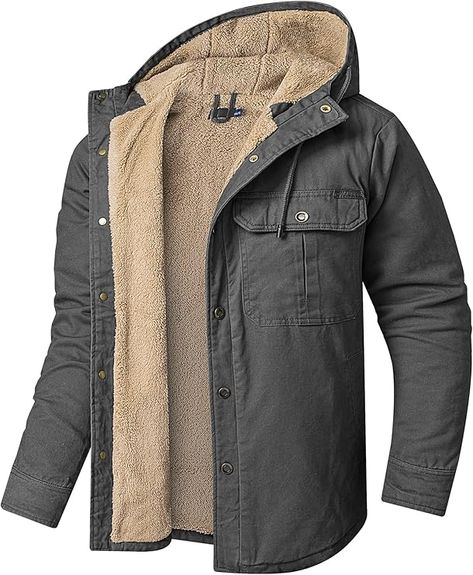 Mr.Stream Men's Hooded Coat Casual Thicken Plaid Work Flannel Snap Sherpa Lined Fleece Shirt Jacket Sherpa Lined Jacket, Men's Windbreaker, Hooded Flannel, Safety Clothing, Winter Jacket Men, Hooded Parka, Solid Color Shirt, Hooded Shirt, Sherpa Jacket