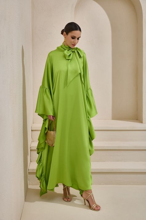 Light Green Wrap-neck Kaftan in Satin - Etsy UK Kaftan Designs For Ladies, Kaftan Dress Modern, Kaftan Styles For Ladies, Green Abaya, Boubou Styles, Mode Abayas, Boubou Styles For Women, Kaftan Pattern, Casual Abaya