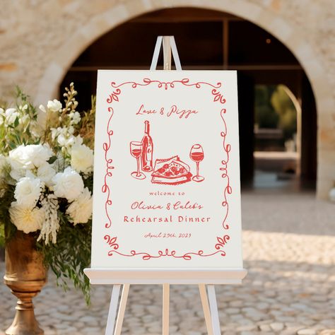 Whimsical Drawn Pizza Wine Rehearsal Dinner Sign Thats Amore Sign, Rehearsal Dinner Sign Ideas, Pizza Party Welcome Dinner, Wedding Pizza Sign, Winery Rehearsal Dinner, Pizza Welcome Party Wedding, Garden Party Rehearsal Dinner, Rehearsal Dinner Pizza Party, That’s Amore Rehearsal Dinner