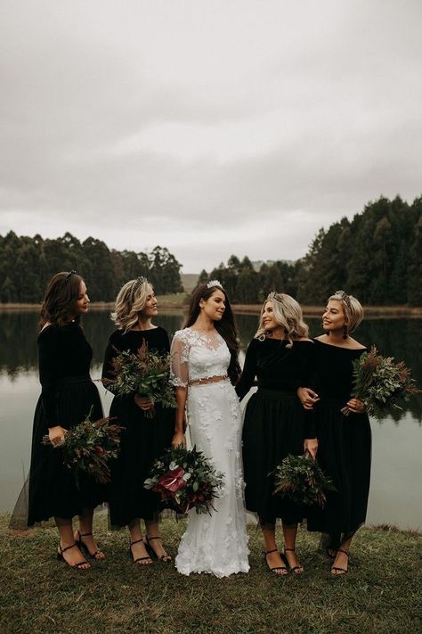 Moody and Romantic Autumnal Woodland Wedding Black Bridesmaid Dress Winter, Alternative Bridesmaid Dresses, Glam Bridesmaid Dresses, Alternative Bridesmaid, Glam Bridesmaid, Winter Bridesmaids, Winter Bridesmaid Dresses, Black Bridesmaid, Bridesmaid Inspiration