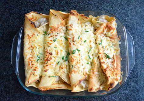 Pancakes don't have to be sweet! Have a go at this creamy, savoury chicken pancake recipe. Delicious! | 30 min | Serves 4 Cambells Recipes, Savoury Pancake Recipe, Baked Peppers, Campbells Soup Recipes, Australia Food, Savory Pancakes, Savory Chicken, Campbell Soup, Chicken Soup Recipes