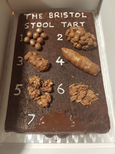 Bristol stool chart cake.....or Bristol stool "tart" 💩 made with a chocolate brownie base and various chocolate bars Bristol Stool Chart Cake, Poop Cake, Chocolate Fridge, Weird Cakes, Chocolate Fridge Cake, Bristol Stool, Bristol Stool Chart, Stool Chart, Toilet Day