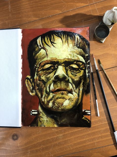 Frankenstein Oil on Paper 9x12. Frankensteins Monster Art, Frankenstein Painting, Frankenstein Drawing, Frankenstein Book, Frankenstein Art, Gcse Art Sketchbook, Business Theme, Famous Monsters, Classic Monsters