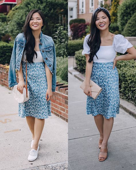 Casual Summer Outfits for Women: White Top, Blue Floral Midi Skirt Blue Flowered Skirt Outfit, Navy Floral Skirt Outfit, White Top And Skirt Outfit, Blue Skirt And White Top, Striped Midi Skirt Outfit, Blue Skirt Outfit Ideas, Blue Floral Skirt Outfit, Blue Midi Skirt Outfit, Floral Midi Skirt Outfit