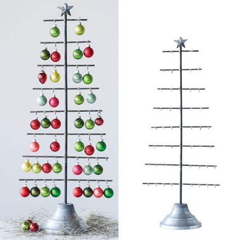 Ornament Display Tree, Christmas Jewelry Display, Metal Ornament Tree, Farmhouse Decor Antique Farmhouse, Ornament Tree Display, Display Tree, Tree Display, Retro Christmas Decorations, Tin Ornaments