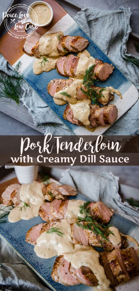 This Pork Tenderloin with Creamy Dill Sauce is the perfect quick and easy weeknight meal. It is rich and flavorful, and comes together in no time. #ketoporkrecipes #ketorecipes #lowcarb Holiday Meats, Peace Love And Low Carb, Creamy Dill Sauce, Low Carb Pork, Dill Sauce, Tenderloin Recipes, Pork Tenderloin Recipes, Keto Cooking, Stuffed Pork Tenderloin