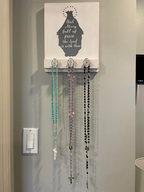 Rosary Wall Hanger, Rosary Display Ideas, Catholic Decor Home Ideas, Wall Altar Ideas Catholic, Kitchen Rosary, Rosary Display, Mary Silhouette, Rosary Holder, Catholic Wall Decor