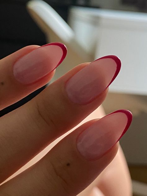 Maroon Red French Tip Nails, Red Nails Almond French, Wine Red French Tip Nails Almond, Deep Red French Tip Nails Almond, Short Nail Red French Tip, Cherry Red Tip Nails, Red Micro French Nails, Berry French Tip Nails, Nail Red French Tip