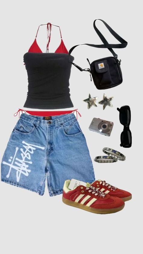 Summer Y2k Fits, Y2k Summer Fits, Summer Fits Y2k, Y2k Outfit Summer, Summer Outfits Jorts, Adidas Outfit Ideas, Sambas Aesthetic, Outfits Jorts, Stussy Outfit