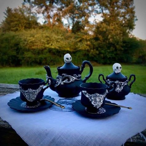 Goth Tea Set, Sweet Sixteen Party Themes, Tea Party Table Settings, Play Tea Set, Goth Things, Witch Drawing, Doll Props, Toy Tea Set, Tea Party Table