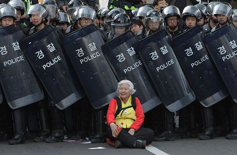 A Woman Sits In Front Of Riot Police Blocking The Road To Protect Protesters During The Anti-Government Protest In Seoul, South Korea, 24 April 2015 Carolina Do Norte, Portfolio Photography, Riot Police, Anti Government, Powerful Images, Srinagar, Old Woman, Brno, Foto Art