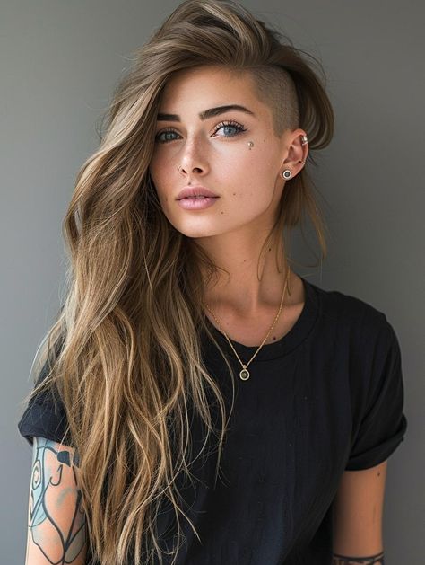 Explore Long Hair with Shaved Sides Hairstyles 2024 Undercut Long Hair Sidecut, Long Hair Undercut Women, Half Shaved Hair Long, Hair Shaved On One Side, Side Shaved Hairstyles Long Hair, Edgy Haircuts For Women, Long Hair With Shaved Sides, Female Undercut Long Hair, Shaved Sides Hairstyles