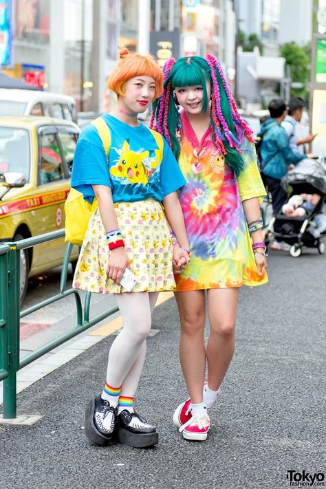 super fun & colourful! check out the pleated pokemon skirt!!!--Pokemon x Tie Dye Harajuku Fashion Harajuku Outfit, Pokemon Fashion, Pop Kei, Pikachu Shirt, Grunge Pastel, Kawaii Fairy, Estilo Harajuku, Kei Visual, Harajuku Street