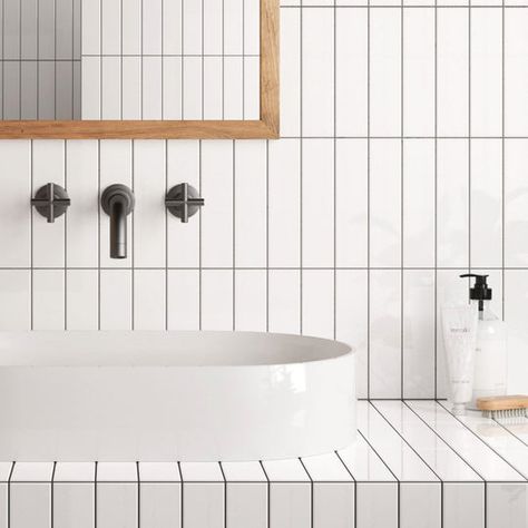 Ceramic Subway Tile | Backsplash, Kitchen, Shower White Tile Sand Grout, White Tiles Dark Grout, White Vertical Tiles Bathroom, White Vertical Stacked Subway Tile, White Tile Dark Grout, White Tile Black Grout, Vertical Subway Tile, Bunker House, Vertical Tile