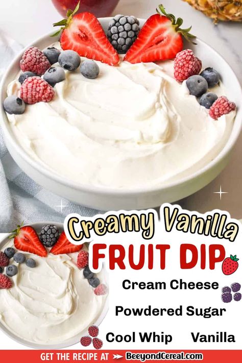 Vanilla Fruit Dip, Cool Whip Fruit Dip, Easy Fruit Dip, Cream Cheese Fruit Dip, Dessert Dip Recipes, Fruit Dips, Vanilla Fruit, Fruit Dips Recipes, Sweet Dips